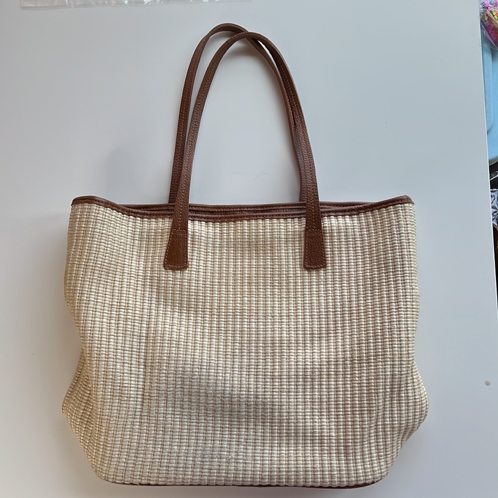 Furla Woven Straw Tote Cream Brown Leather Trim Large Shoulder Bag Resort Luxury - Picture 7 of 12